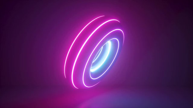 3d render, seamless animation of pink blue neon donut, abstract background with glowing torus shape, looped intro, scanning rings, laser show technology, ultraviolet spectrum