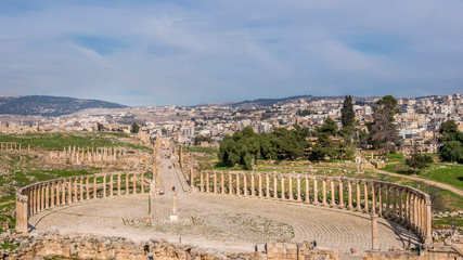 Oval Plaza at roman ruins at Jerash, Jordan