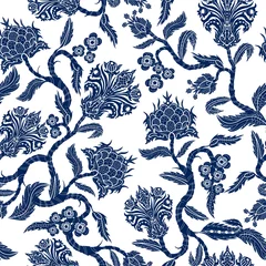 Papier Peint photo autocollant Style japonais Modèle sans couture avec des fleurs de branches dans le style chinoiserie. Estampe japonaise en céramique bleue.