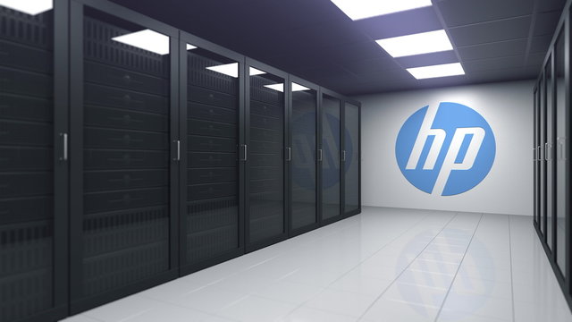 HEWLETT-PACKARD COMPANY logo in the server room, editorial 3D rendering