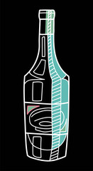 Hand drawn alcohol bollte. Vector sketch of a bottle colored with white outline on black background.