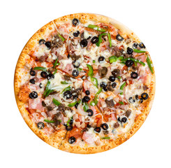 Italian cuisine. Fresh tasty pizza. Salami, mushrooms, paprika, ham, olives pizza isolated on white background.
