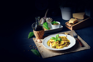 Vegetariano italiano! Tortelli with roasted pine nuts and pesto basilico