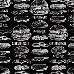 Fototapete Für ihn Nahtloses Muster mit Burgern im grafischen Stil.