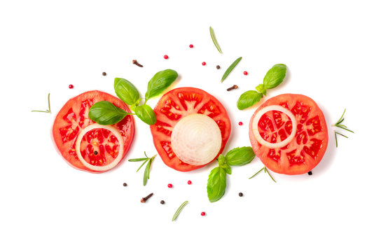 Sliced Tomatoes And Basil Top View And Flat Lay
