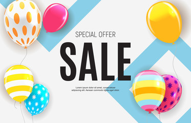 Sale banner with floating balloons. Vector illustration