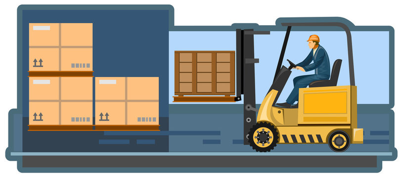 Careful loading and unloading of cargo. Vector illustration. Logistics company. Cargo delivery service. Local and international transportation. Picture for the booklet, graphic button of the site.