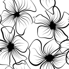 Retro abstract icon with black outlines of flowers on white background. Decorative floral pattern. Vector outline illustration. Black outlines of flowers in line art style on white background