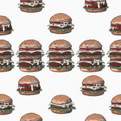 Seamless pattern with burgers in graphic style.