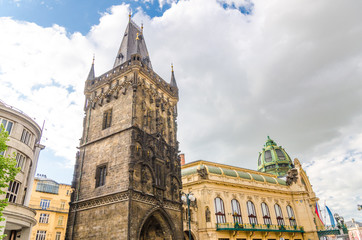 Municipal House and Powder Tower (Prasna brana) gothic tower of the old city gates in Old Town Prague (Stare Mesto) historical city centre, Bohemia, Czech Republic