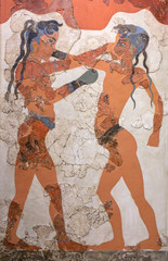 Wall painting fresco of Boxing Boys from Minoan Settlement of Akrotiri on Santorini island, Cyclades, Greece