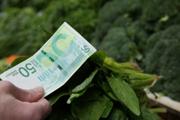 fifty shekels cash in hand on green background on the market. Business and finance concept in Israel
