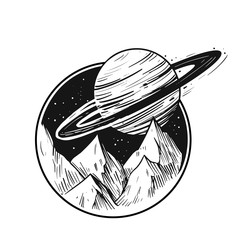 Space landscape.Galaxy scene. Black vector illustration with transparent background. Great for print, tattoo flash