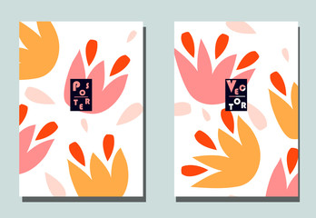 Cover with graphic elements - abstract shapes. Two modern vector flyers in puzzle  style. Geometric wallpaper for business brochure, cover design.