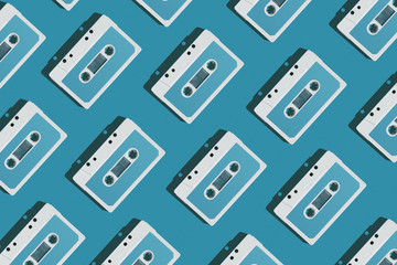 Audio cassette pattern on colored background. Audio cassette tape. Vintage disco poster. Pattern of audio cassete