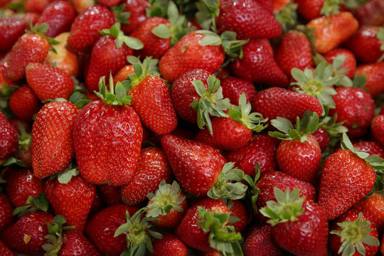 Red Organic Strawberry With Green Leaves. Berries Background, Banner, Pattern.