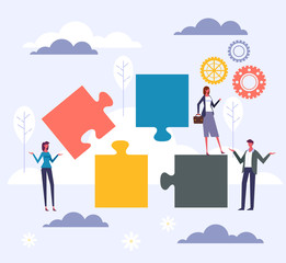 Office workers teamwork puzzle concept. Vector flat graphic design cartoon illustration