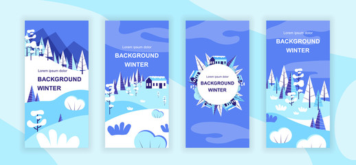 Winter scenery social media stories design templates vector set, backgrounds with copyspace - country landscapes - backdrop for vertical banner, poster, greeting card - snowy weather concept