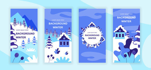 Winter scenery social media stories design templates vector set, backgrounds with copyspace - country landscapes - backdrop for vertical banner, poster, greeting card - snowy weather concept