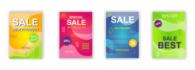 Sale poster social media stories design templates vector set. Promotion flyer, discount voucher, advertising poster. Vector cover sale ads labels and special offer market brochure.