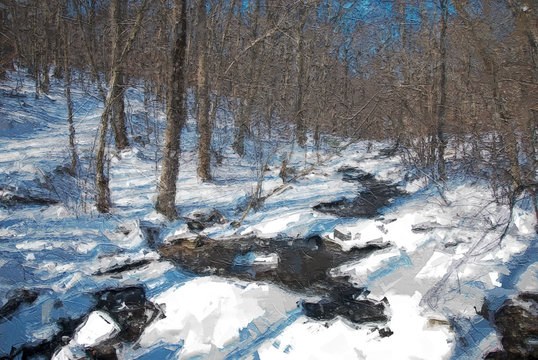 Impressionistic Style Artwork of a Winter Creek