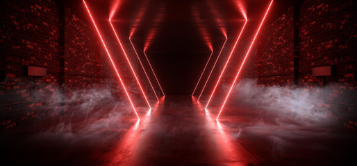 Smoke Triangle Neon Glowing Red Sci Fi Basement Retro Club Tunnel Brick Walls Modern Night Dark...
