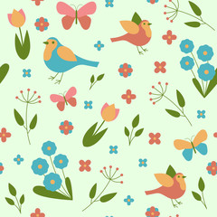 Seamless pattern seasons spring birds, flowers and leaves