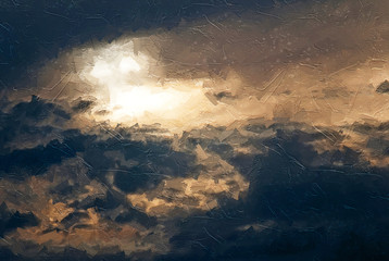 Fototapeta na wymiar Impressionistic Style Artwork of the Sun Setting in a Threatening and Stormy Sky