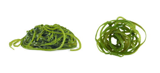 Pickled laminaria salad (kelp seaweed) isolated on white background side and top view      © Yana Bo