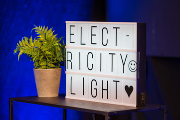 Sign with text electricity light next to a plant