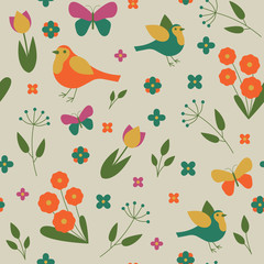 Seamless pattern seasons spring birds, flowers and leaves