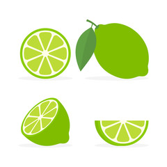 Collection fresh whole, half and slice lime with green leaf