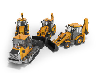 3D rendering of a construction technician crawler excavator and three excavator loader for work on white background with shadow