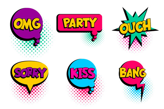 Omg, ouch, kiss, party set speech bubble comic text