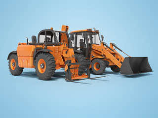 Obraz na płótnie Canvas 3D rendering construction equipment multifunctional tractor and telescopic excavator on blue background with shadow