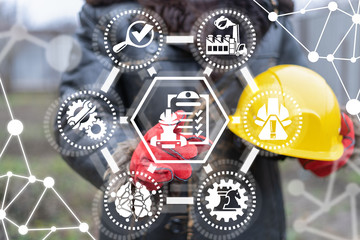Industry Plan Construction Architecture Concept. Worker touch checklist engineer virtual icon on...