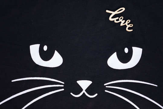 Black Cat Cute Face Doodle Portrait Poster with Text `Love`. Black and White Stylish Close-up Valentine Image Character.  