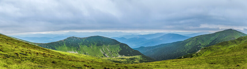 Fototapeta na wymiar Panorama of beautiful, green mountains with clouds and forest. Ukraine, Carpathians.