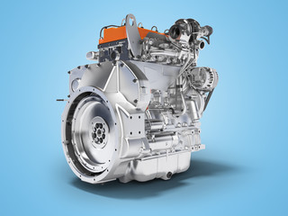 3D rendering orange engine for car assembly on blue background with shadow