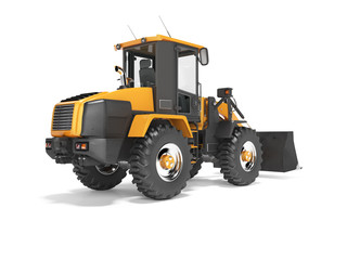 Orange road frontal loader 3D rendering on white background with shadow