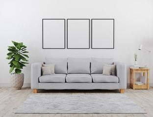 Three Vertical black poster frames mock up. Modern living room with grey sofa mockup. scandinavian style, cozy and stylish interior background, living room mock up, 3d rendering