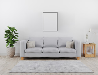 Vertical black poster frame mock up. Modern living room with grey sofa mockup. scandinavian style, cozy and stylish interior background. 3d rendering