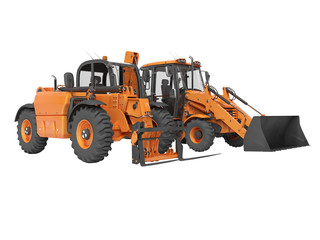 3D rendering construction equipment multifunctional tractor and telescopic excavator on white background no shadow