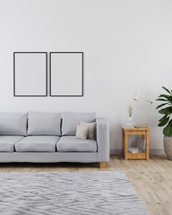 Two poster frames mockup in modern and minimalist interior of living room with sofa, white wall and wooden floor with grey carpet, modern interior background, scandinavian style, 3d rendering