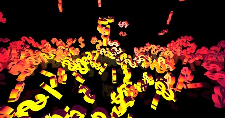 Golden 3d dollar symbols falling in neon lights falling. Finance event background. 3D render 3D illustration