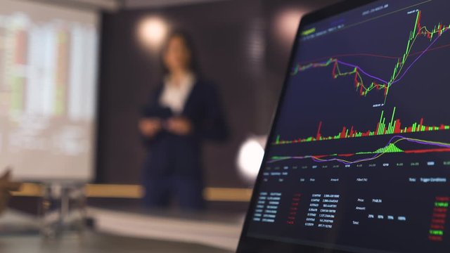 The screen with chart and the businesswoman on background