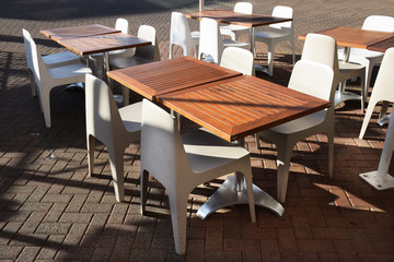 Tables and chairs empty of people due to the Coronavirus lockdown