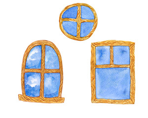 watercolor illustration of a wooden window