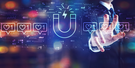 Get more likes concept with businessman on night city background