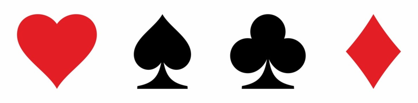 Card suits, hearts, spades, crosses, diamonds. Set of four icons of card suits. Vector image.
